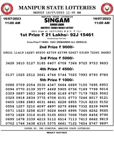 Manipur Lottery Result today 16/07/2023 singam 11:00 am pdf download