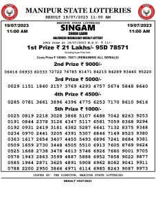 Manipur Lottery Result today 19/07/2023 singam 11:00 am pdf download