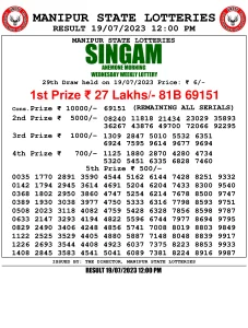 Manipur Lottery Result today 19/07/2023 singam 12:00 Pm pdf download