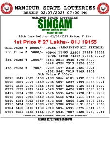 Manipur Lottery Result today 02/07/2023 singam 7pm pdf download