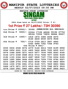 Manipur Lottery Result today 02/07/2023 singam 09:00 Pm pdf download