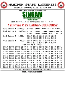 Manipur Lottery Result today 20/07/2023 singam 12:00 Pm pdf download