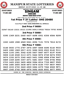 Manipur Lottery Result today 23/07/2023 singam 11:00 am pdf download
