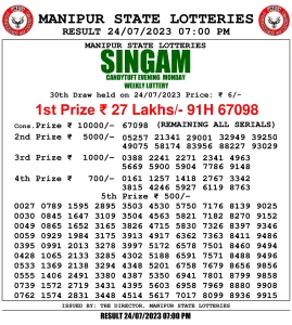 Manipur Lottery Result today 24/07/2023 singam 7pm pdf download
