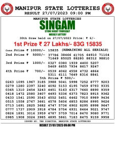 Manipur Lottery Result today 27/07/2023 singam 9pm pdf download
