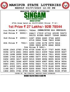 Manipur Lottery Result today 03/07/2023 singam 12:00 Pm pdf download