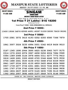 Manipur Lottery Result today 30/07/2023 singam 11:00 am pdf download