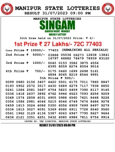 Manipur Lottery Result today 31/07/2023 singam 9pm pdf download