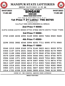Manipur Lottery Result today 04/07/2023 singam 11:00 am pdf download