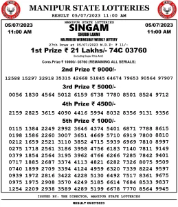 Manipur Lottery Result today 05/07/2023 singam 11:00 am pdf download