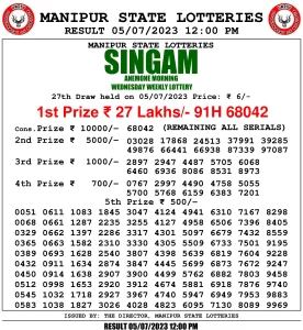 Manipur Lottery Result today 05/07/2023 singam 12:00 Pm pdf download