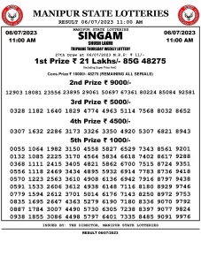 Manipur Lottery Result today 06/07/2023 singam 11:00 am pdf download