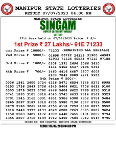 Manipur Lottery Result today 07/07/2023 singam 4pm pdf download