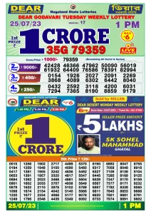 Dear Lottery Results 01:00 Pm 25/07/2023 Morning Nagaland State Lottery Result Pdf Download