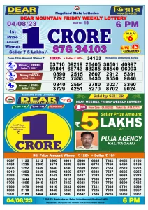 Dear Lottery Result Today 6pm 04/08/20223 Nagaland State lottery result pdf