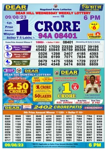 Dear Lottery Result Today 6pm 09/08/20223 Nagaland State lottery result pdf