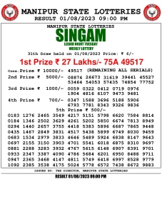 Manipur Lottery Result today 01/08/2023 singam 9pm pdf download