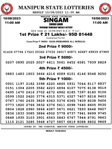 Manipur Lottery Result today 10/08/2023 singam 11:00 am pdf download