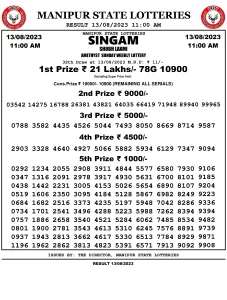 Manipur Lottery Result today 13/08/2023 singam 12:00 Pm pdf download
