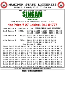 Manipur Lottery Result today 13/08/2023 singam 7pm pdf download