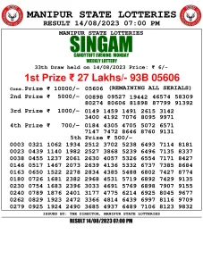 Manipur Lottery Result today 14/08/2023 singam 7pm pdf download