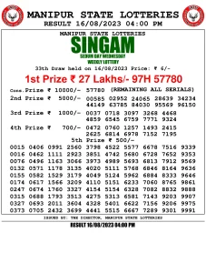 Manipur Lottery Result today 15/08/2023 singam 4pm pdf download