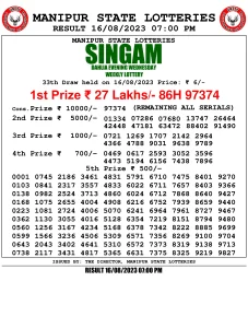 Manipur Lottery Result today 16/08/2023 singam 7pm pdf download