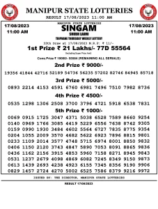 Manipur Lottery Result today 17/08/2023 singam 11:00 Am pdf download