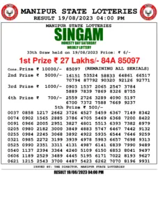 Manipur Lottery Result today 19/08/2023 singam 4pm pdf download