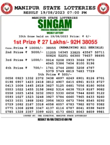 Manipur Lottery Result today 19/08/2023 singam 7pm pdf download