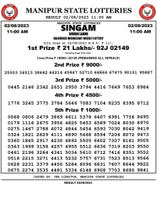Manipur Lottery Result today 02/08/2023 singam 11:00 am pdf download
