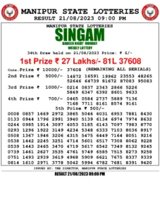 Manipur Lottery Result today 21/08/2023 singam 9pm pdf download