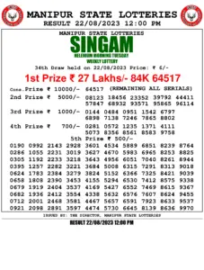 Manipur Lottery Result today 22/08/2023 Singam 12:00 Pm pdf download