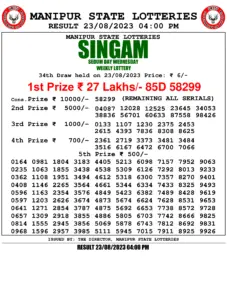 Manipur Lottery Result today 23/08/2023 singam 4pm pdf download