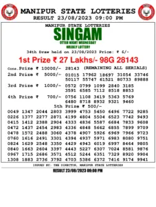 Manipur Lottery Result today 23/08/2023 singam 9pm pdf download