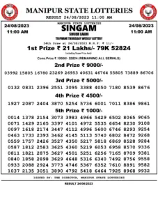 Manipur Lottery Result today 24/08/2023 singam 11:00 Am pdf download