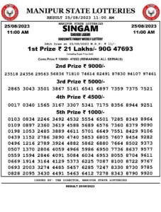 Manipur Lottery Result today 25/08/2023 singam 11:00 Am pdf download