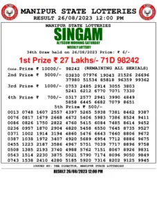 Manipur Lottery Result today 26/08/2023 Singam 12:00 Pm pdf download