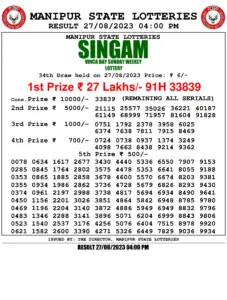 Manipur Lottery Result today 27/08/2023 singam 4pm pdf download
