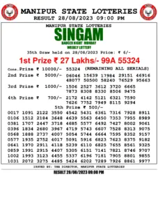 Manipur Lottery Result today 28/08/2023 singam 9pm pdf download