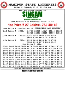 Manipur Lottery Result today 30/08/2023 Singam 12:00 Pm pdf download