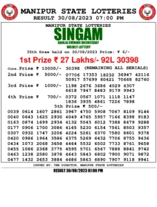 Manipur Lottery Result today 30/08/2023 singam 7pm pdf download
