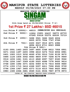 Manipur Lottery Result today 05/08/2023 singam 7pm pdf download