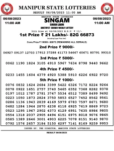 Manipur Lottery Result today 06/08/2023 singam 11:00 am pdf download