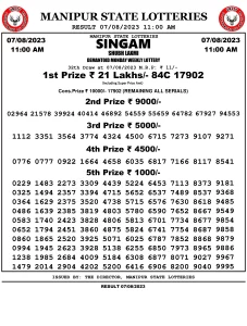 Manipur Lottery Result today 07/08/2023 singam 11:00 am pdf download