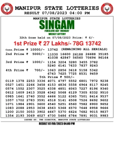 Manipur Lottery Result today 07/08/2023 singam 4pm pdf download