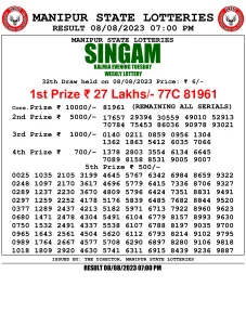 Manipur Lottery Result today 08/08/2023 singam 7pm pdf download