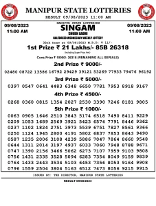 Manipur Lottery Result today 09/08/2023 singam 11:00 am pdf download