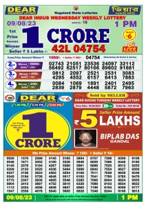 Dear Lottery Results 01:00 Pm 09/08/2023 Morning Nagaland State Lottery Result Pdf Download