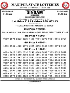 Manipur Lottery Result today 22/09/2023 singam 11:00 Am pdf download